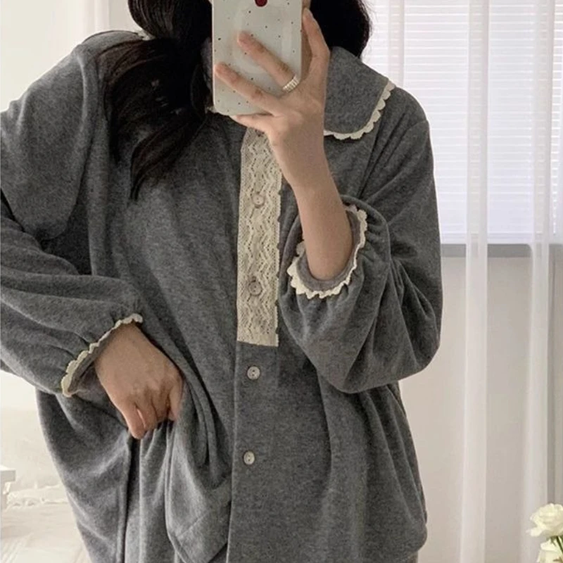 Korean Winter Cute Little Lapel Lace Women's Pajamas Sweet and Wearable Home Clothes Pjamas for Women