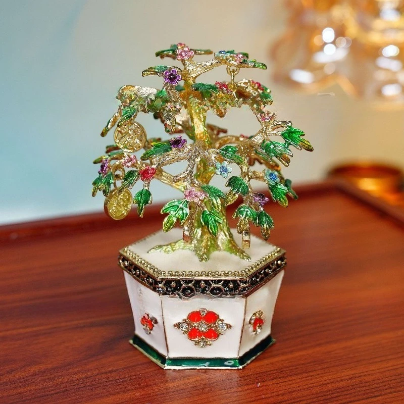 Chinese metal enamel jewelry box handicrafts light luxury cash tree lucky tree ornament decoration housewarming gifts