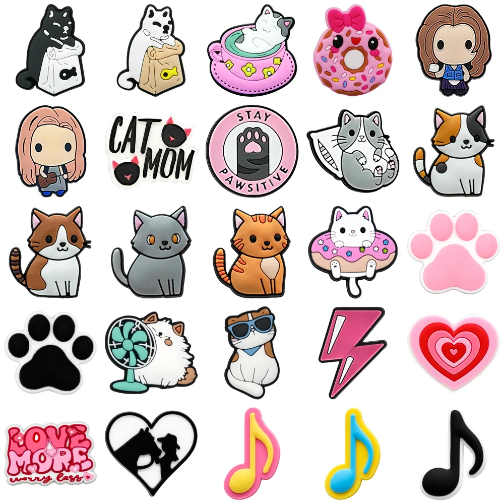 1/25/50PCS Pink Lightning Cat Shoe Charms, Heart-Shaped Little Girl Shoe Charms, Music Note Paw Sandal Clogs Accessories