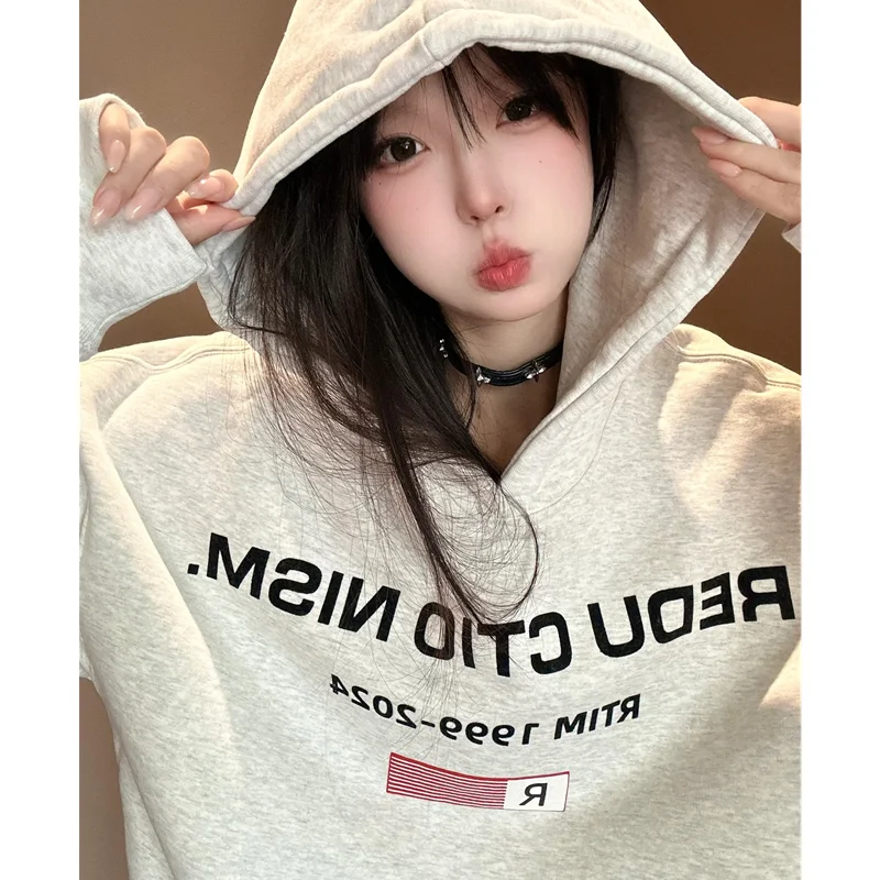 White Gray Womens Clothing Vintage Street Sweatshirt Y2K Letter Pattern Hoodie Pullover Long Sleeves Warm Oversize Ladies Tops