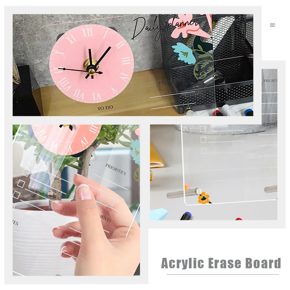 1Set Acrylic Memo Board Clock Versatile Tabletop Planner Schedule Erase Board Dry Erase Table
