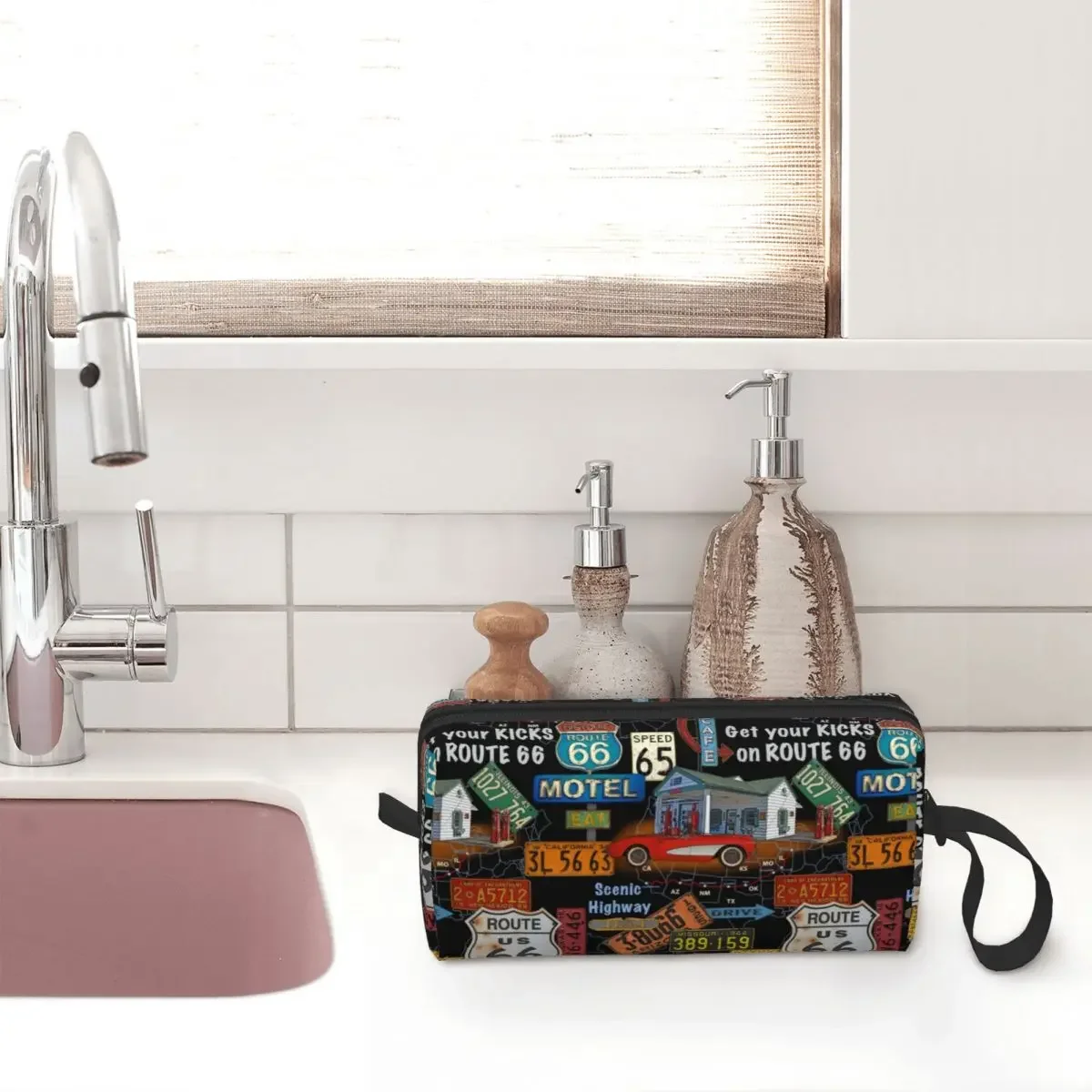 Bolsa de maquillaje Vintage America Road Route 66 para mujer, organizador de cosméticos de viaje, lindas bolsas de aseo de almacenamiento