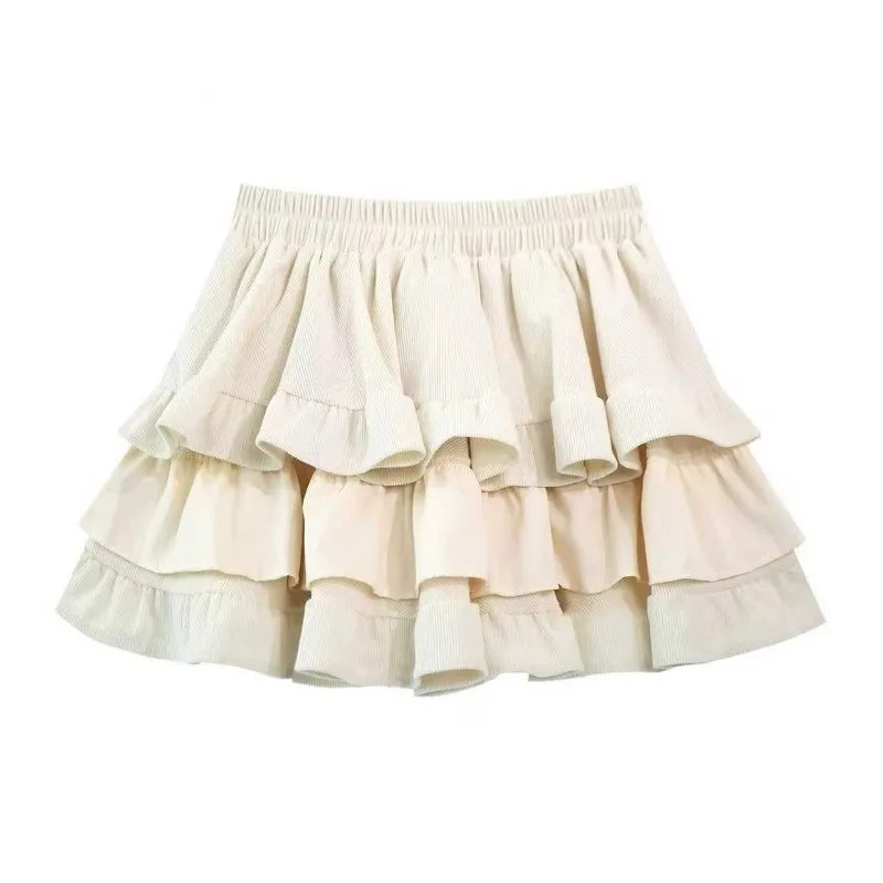 Kimotimo Women Mini Skirt Autumn Winter Corduroy Elastic Waist Patchwork Ruffle Fluffy Cake Skirts Vintage Sweet Y2k Faldas Юбка