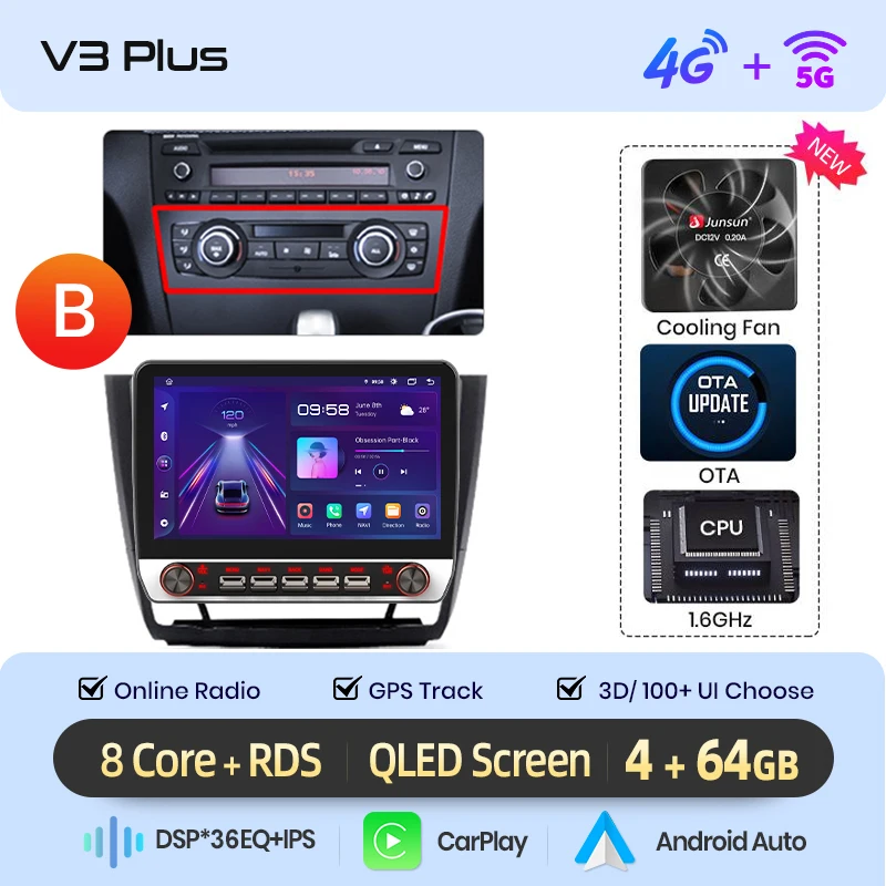 Junsun 13.1″ QLED draadloze CarPlay Android Auto autoradio voor BMW 1-serie E87 E81 E82 E88 2004-2011 intelligente systemen DSP SWC