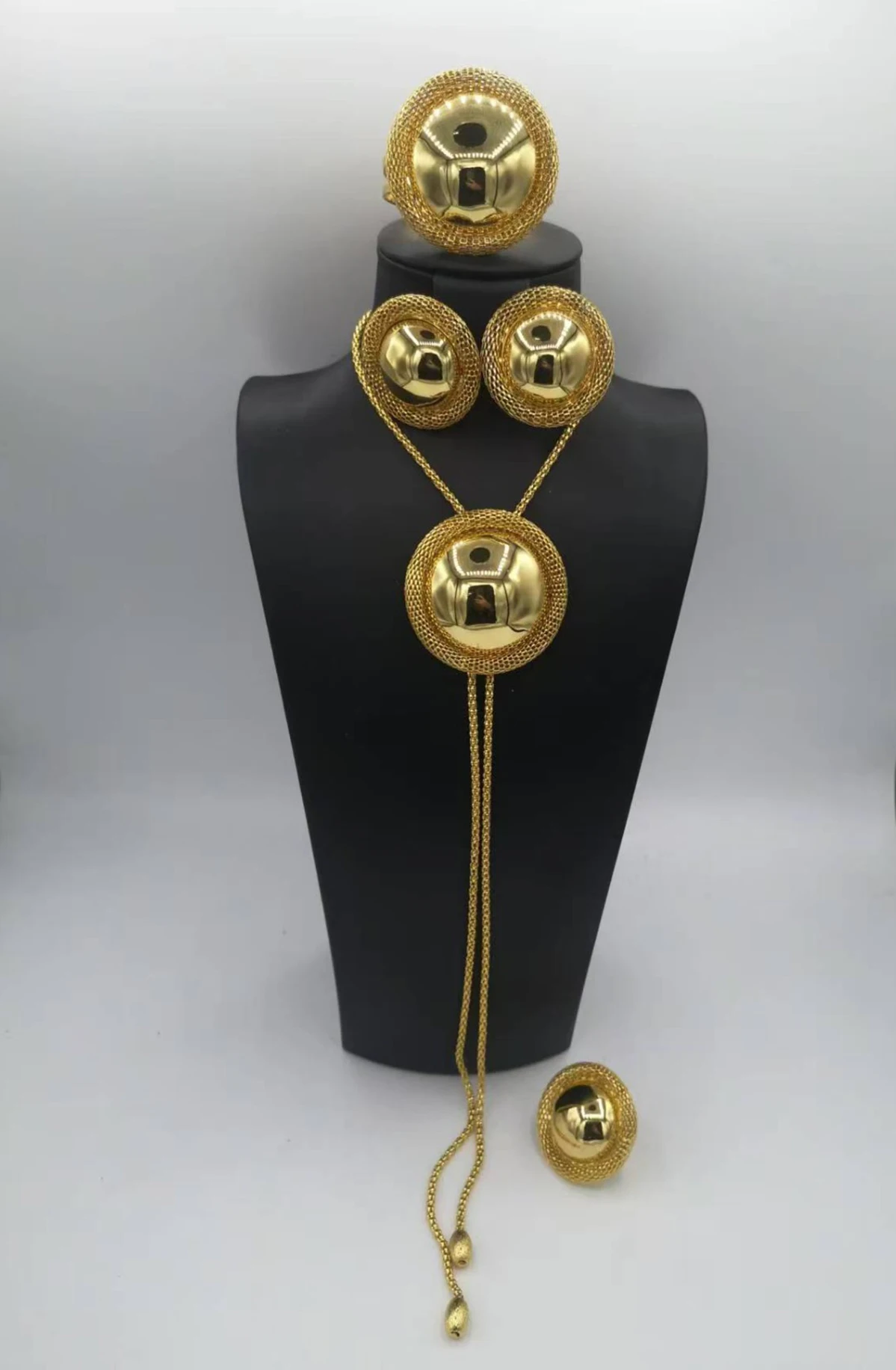 High-Shine Gold Plated Jewelry Set Large Round Pendant Necklace Stud Earrings Timeless Elegant Gift for Her Versatile for Daily