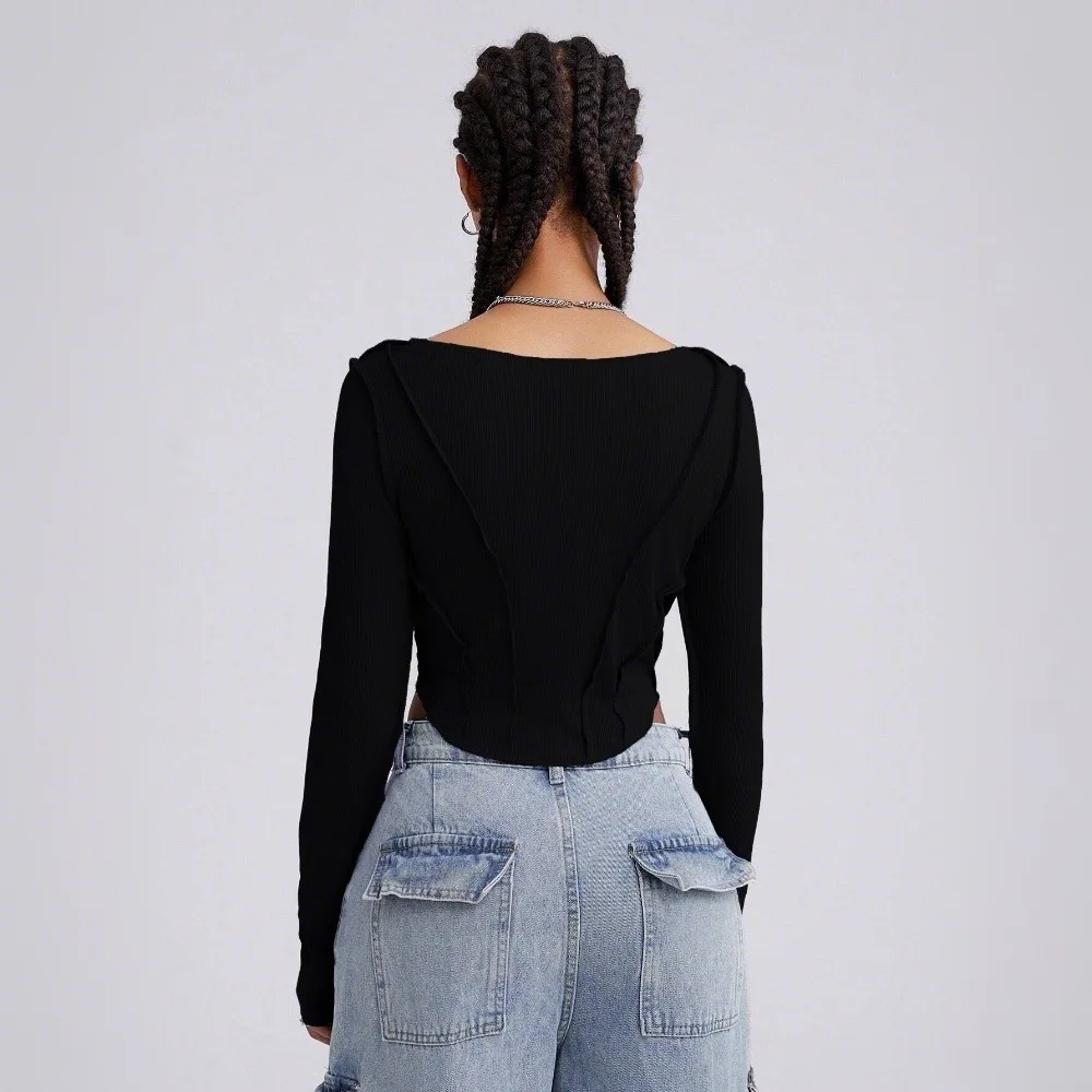 DSMTRC Y2k Streetwear Black Fashion Reverse Stitching Crop Top Women Spring Long Sleeve Skinny Asymmetrical Short Skinny T-shirt