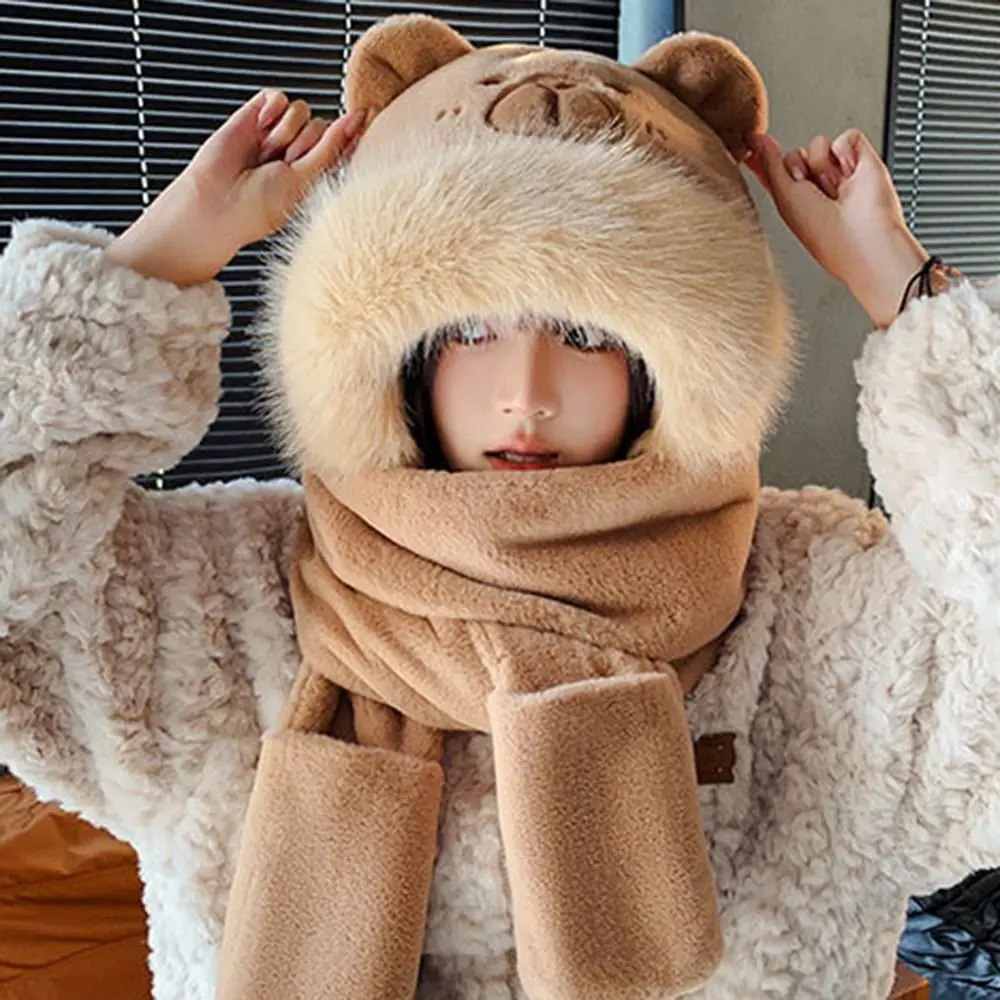 Trendy 3 in 1 Capybara Hat Scarf Set Panda Warm Furry Scarf Cap Set Ear Protection Fluffy Scarf Hat Glove for Women Girls