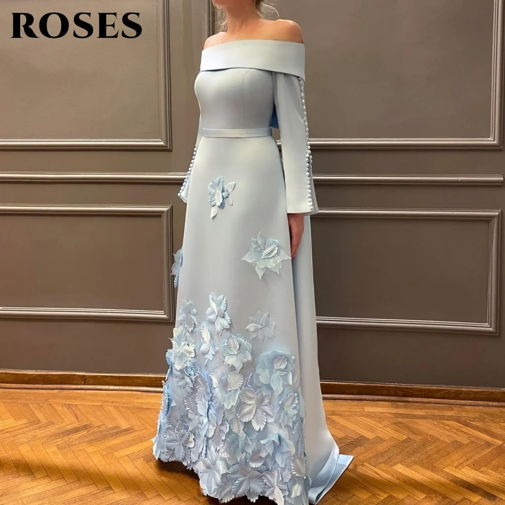 ROSES hemelsblauwe galajurk off-shoulder galajurk met volledige mouw en bloemen satijn Saoedi-Arabische avondjurk op maat