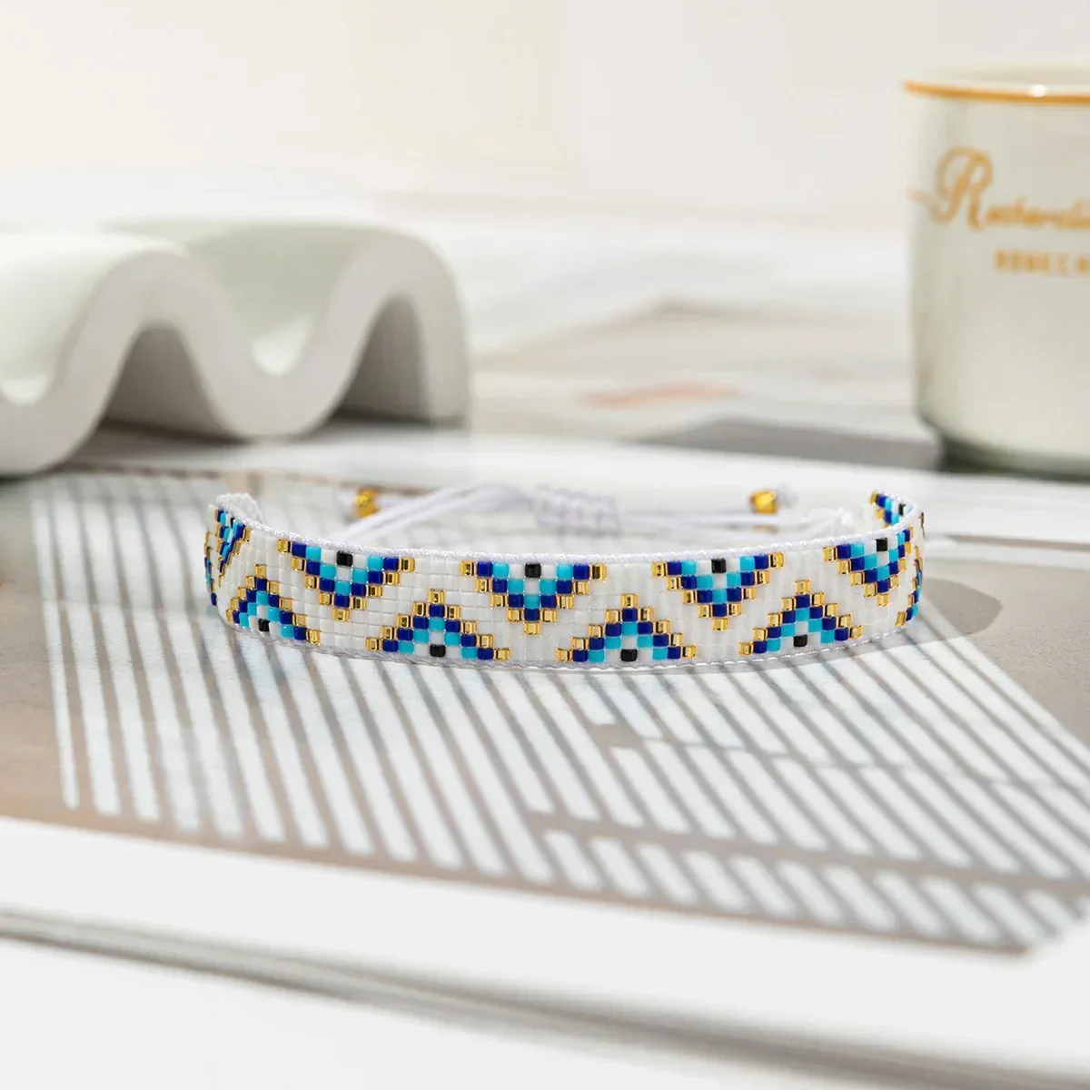 Beaded bracelet Triangle Geometry Versatile Design Blue Hand knitting Bohemia Adjustable Female Tide Simple Rice bead bracelet