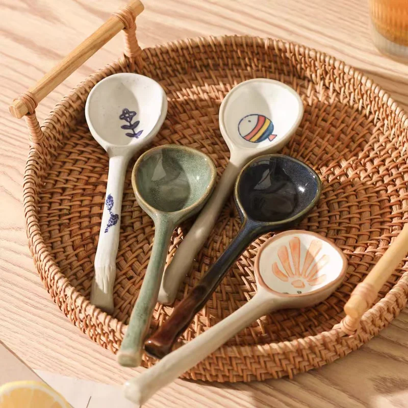 Cute Ceramic Flower Soup Spoon Kawaii Korean Ice Cream Hand Painted Dessert Spoon With Long Handle Kitchen Tableware Accessories