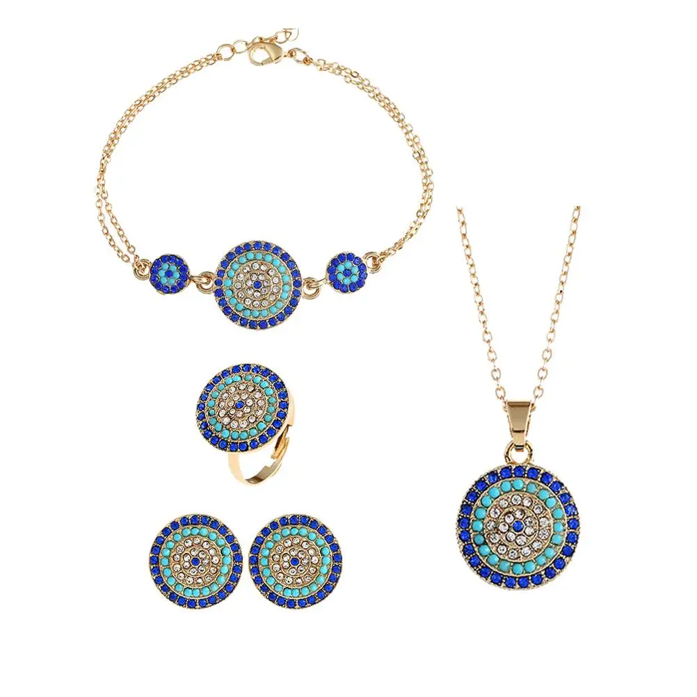 

Blue Necklace Kit Turkish Eye Earrings Bracelet Female Lady Alloy Durable Beautiful Color Gift Jewelry Set Hand Chain