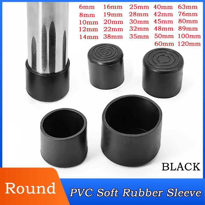 PVC Soft Rubber Sleeve Black Round Table Chair Foot Pad Furniture Feet Non-Slip Covers 6~120mm