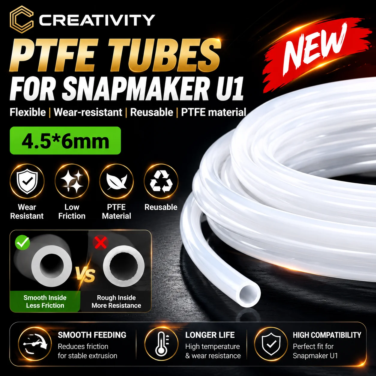 Tubo de PTFE de 4.5*6mm, 25.59 pulgadas, tubo de teflón blanco para impresora 3D Snapmaker U1, tubo de alimentación de filamento para hotend, tubo de PTFE resistente al desgaste