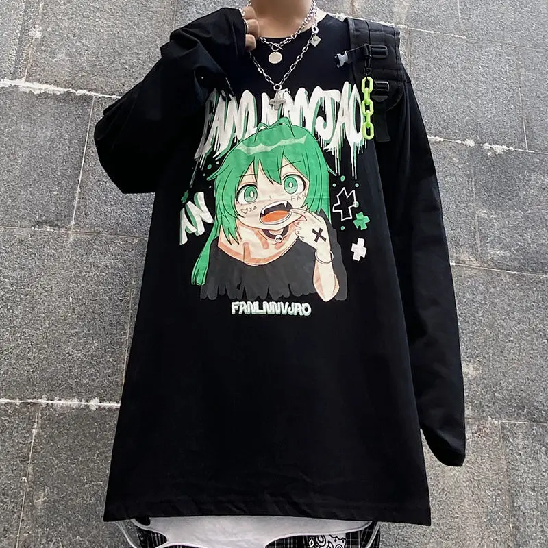 2024 Long-sleeved T-shirt Men Women Dark Wind High Street Ins Cartoon Anime One Piece Graffiti Printing Oversize Clothing Tops