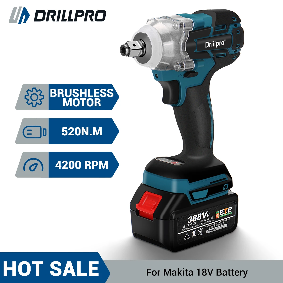 

Drillpro 520N.M Brushless Electric Impact Wrench Ratchet Cordless 1/2 inch Screwdriver Power Tools for Makita 18V Battery