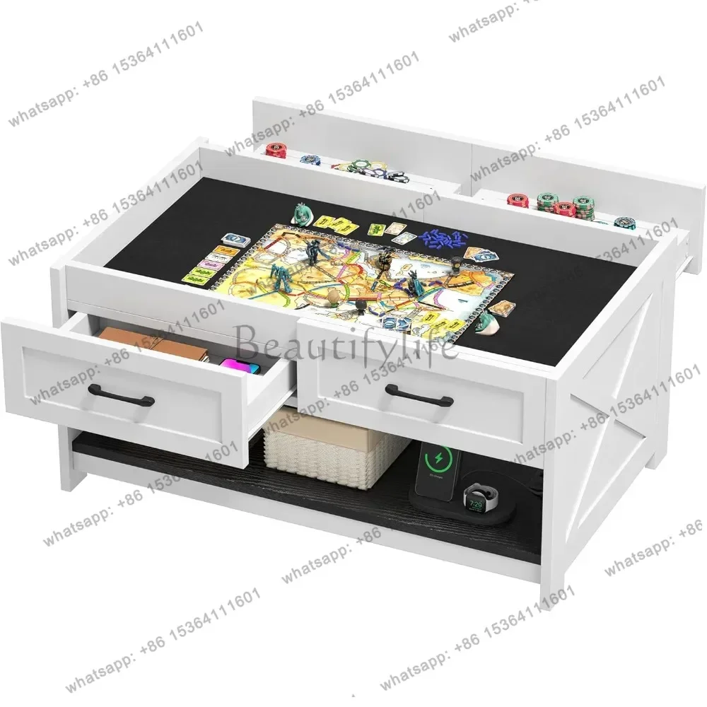 Farmhouse Living Room Coffee Table 3-in-1 Game Puzzle Table With Play Mat 4 Drawers Power Outlet Removable Top Black Home Decor