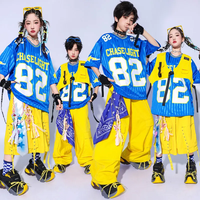 

2026 Hip Hop Clothes Jazz Outfit Boys Girls Street Dance Stage Wear School Show Performance Costume Blue Top Yellow Pants 3877