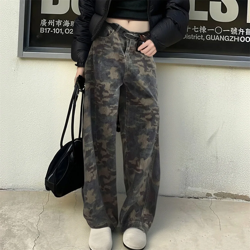 جينز مموه للسيدات لخريف 2025 Y2k Emo سروال جينز هاراجوكو فضفاض من قماش الدنيم الياباني 2000s بنطلون أمريكي كبير الحجم