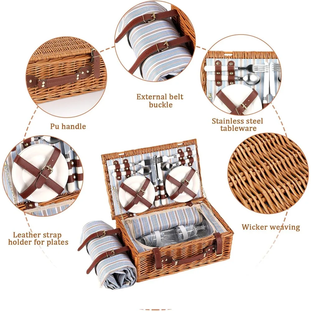 Picnic Basket for 4 Persons with Waterproof Picnic Blanket and Insulated Cooler