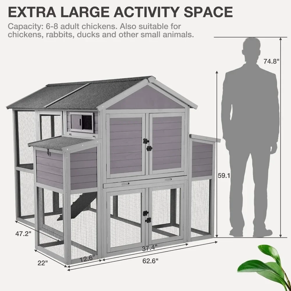 Chicken Coop with Two Large Nesting Box, Leakproof Pull-on Tray and UV-Resistant Roof Panel, Wooden Chicken House