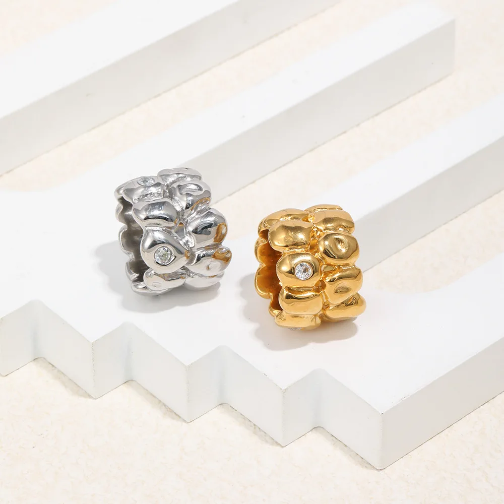 Vintage Gold Stainless Steel Double Layer CZ Ring, Chunky Puff Inlaid Zirconia Waterproof Statement Ring, Trendy Fashion Jewelry
