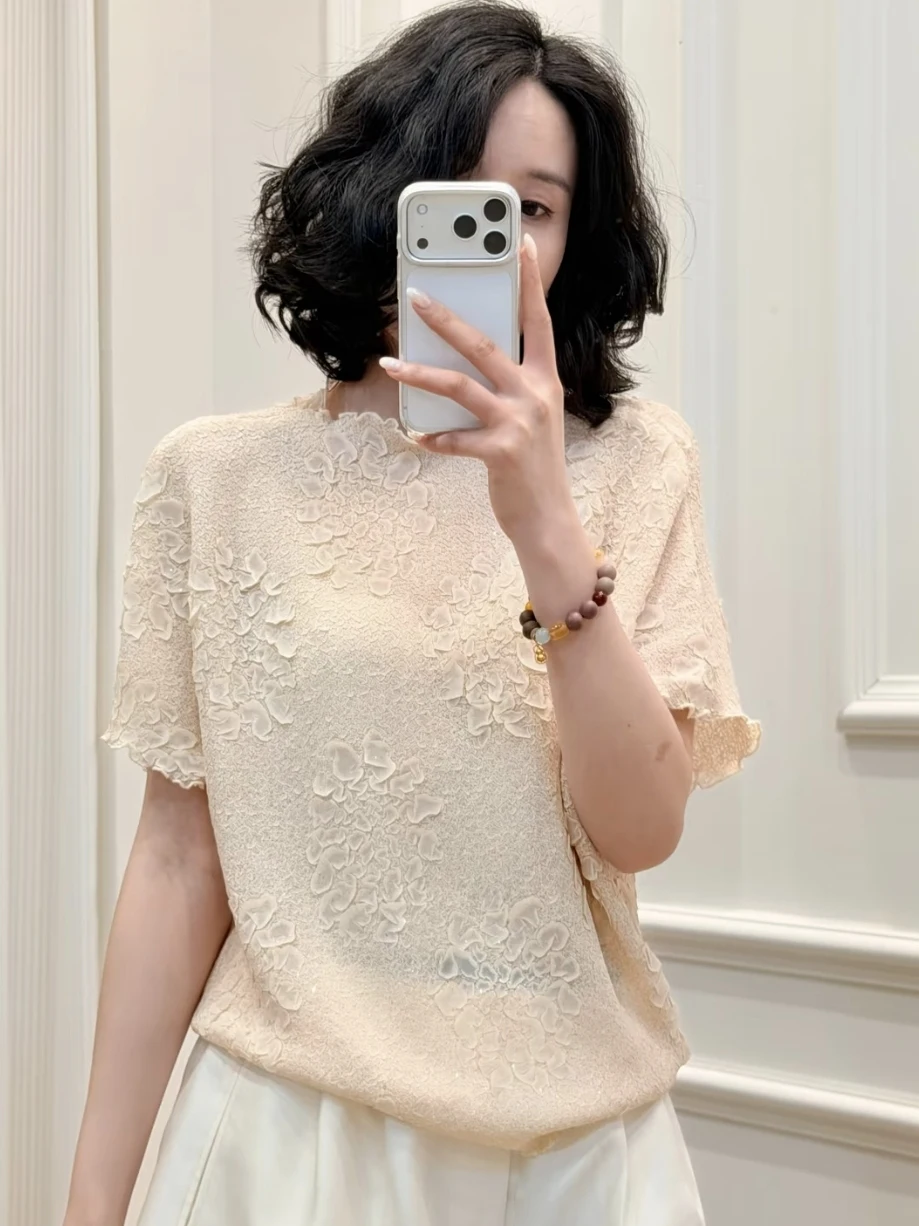 

Summer Casual Women's T-shirt Short Sleeve Pleated Slimming Large Size Fashionable Age-Defying Versatile Top