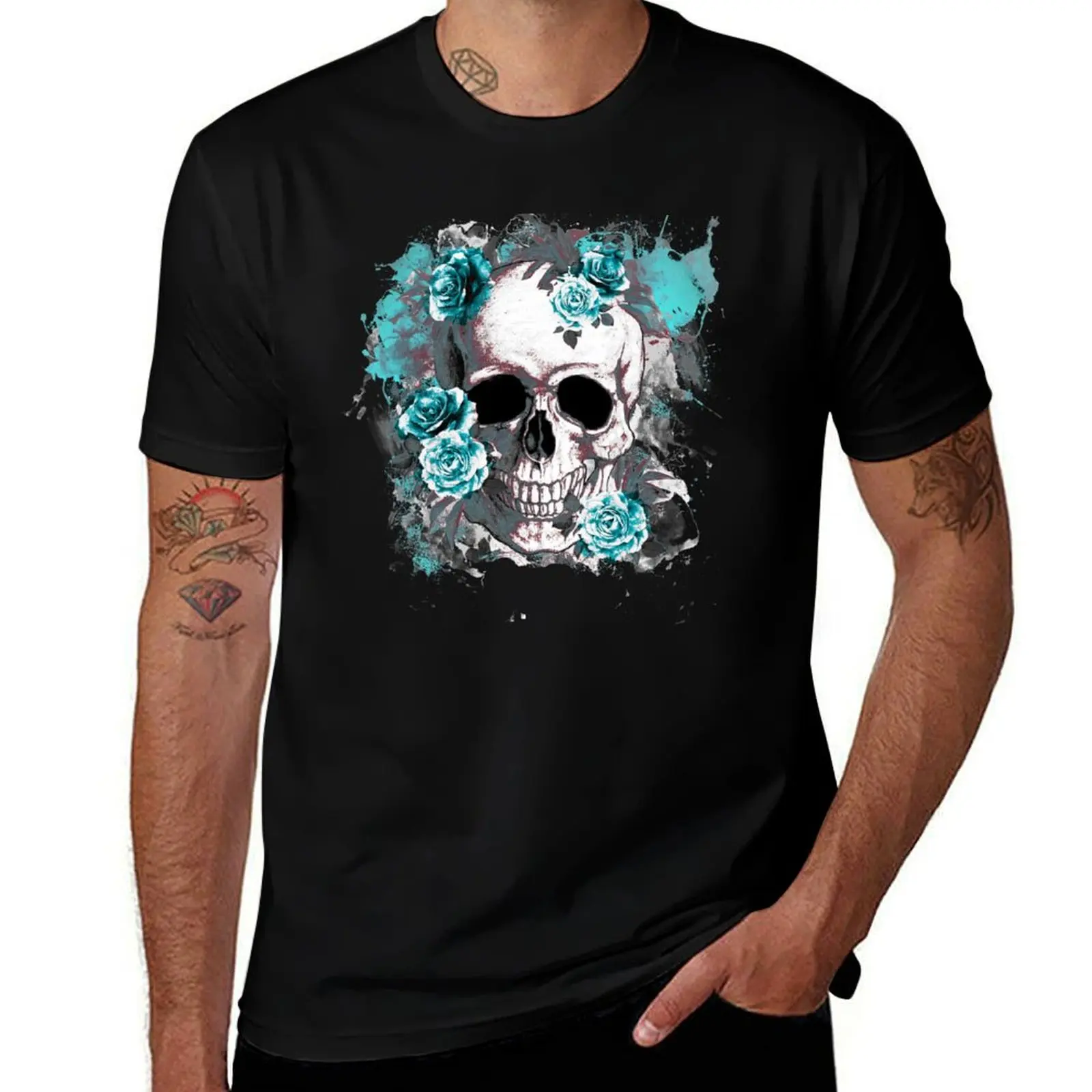 

Skull human anatomy floral, turquoise watercolor roses,mask cool, funny,cute T-Shirt Functional Casual Short Sleeve Tee
