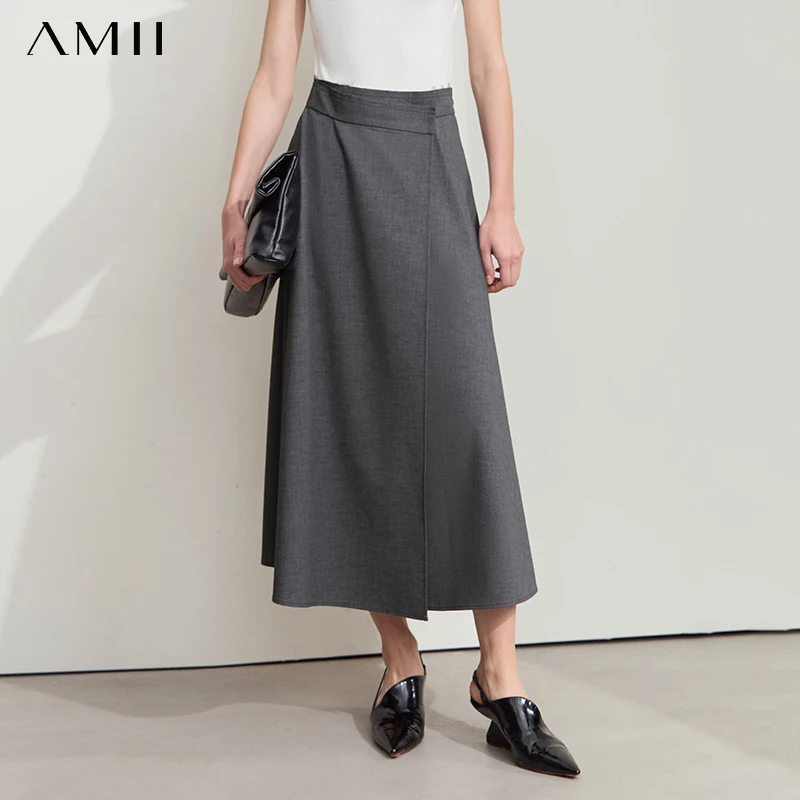 AMII Office Lady Summer Skirt Women 2026 Solid Straight Mid-length Gray Skirts Female Fashion Elegant Design Clothes 12542137