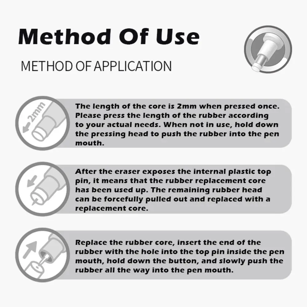 مجموعة ممحاة ضغط بسيطة قابلة لإعادة الملء بدون آلية ضغط الحطام رسم ممحاة ممحاة قلم رسم فني