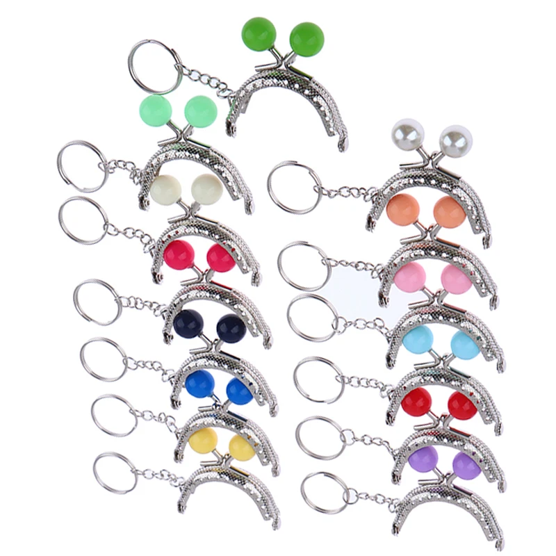 Lovely Metal Coin Purse Frame DIY Bag Accessory 5CM Silver Metal Purse Frame Colorful Bead Head With KeyChain Frames Kiss Clasp