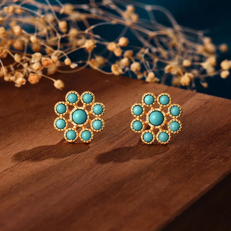 Ancient gold craft inlaid turquoise earrings for women Classic blue flowers Ear Studs simple style light luxury daily jewelry