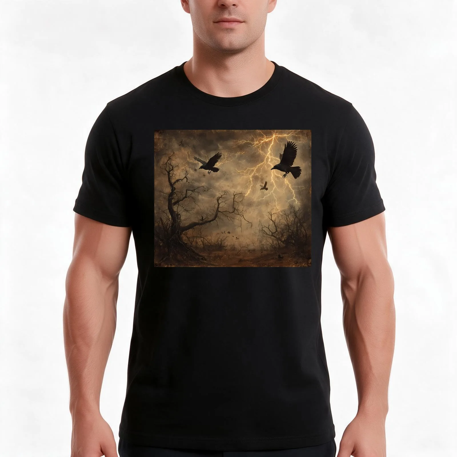 Vintage Washed Crows Flying Through a Stormy Sky Over a Barren Landscape - Halloween Core T-Shirt, Summer Casual Cotton Tee