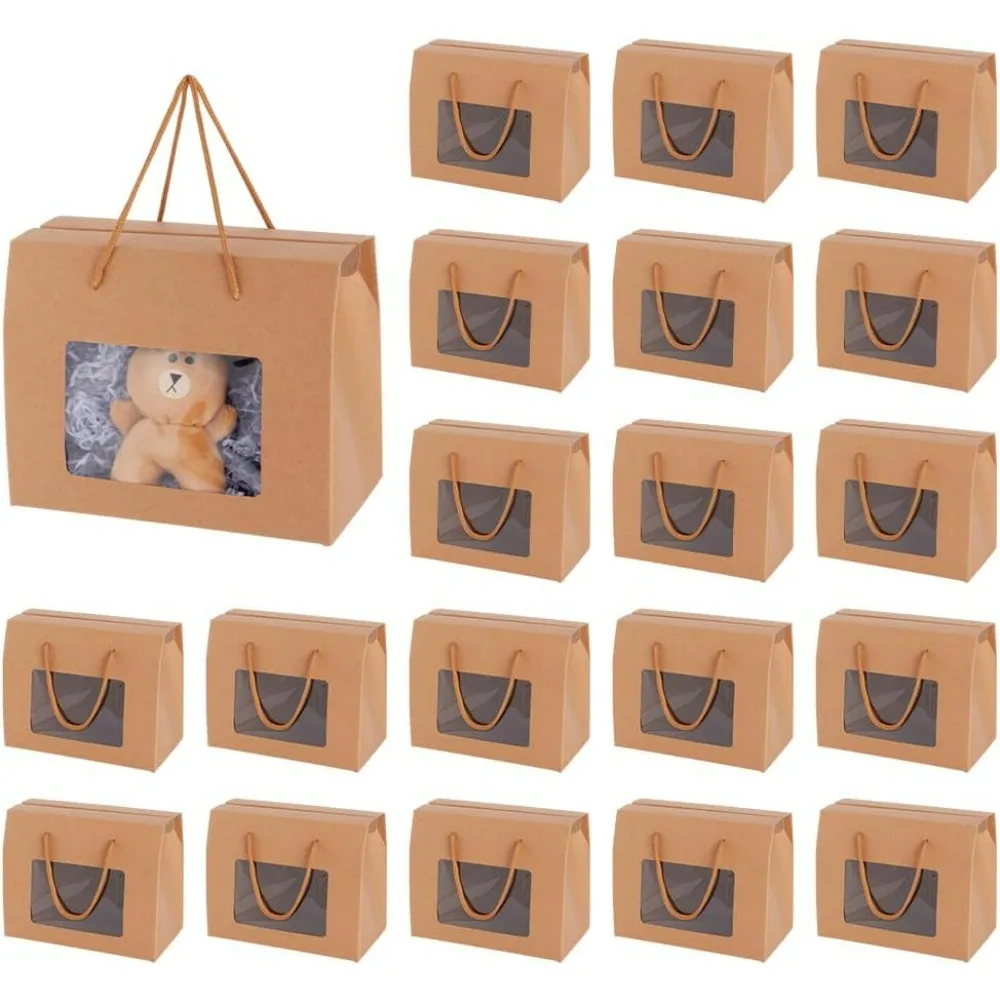 

20 Packs Kraft Paper Box with Handles 7.8x6.3x4.3inch Brown Gift Boxes with Clear Window for Packaging Retail Party Gifts