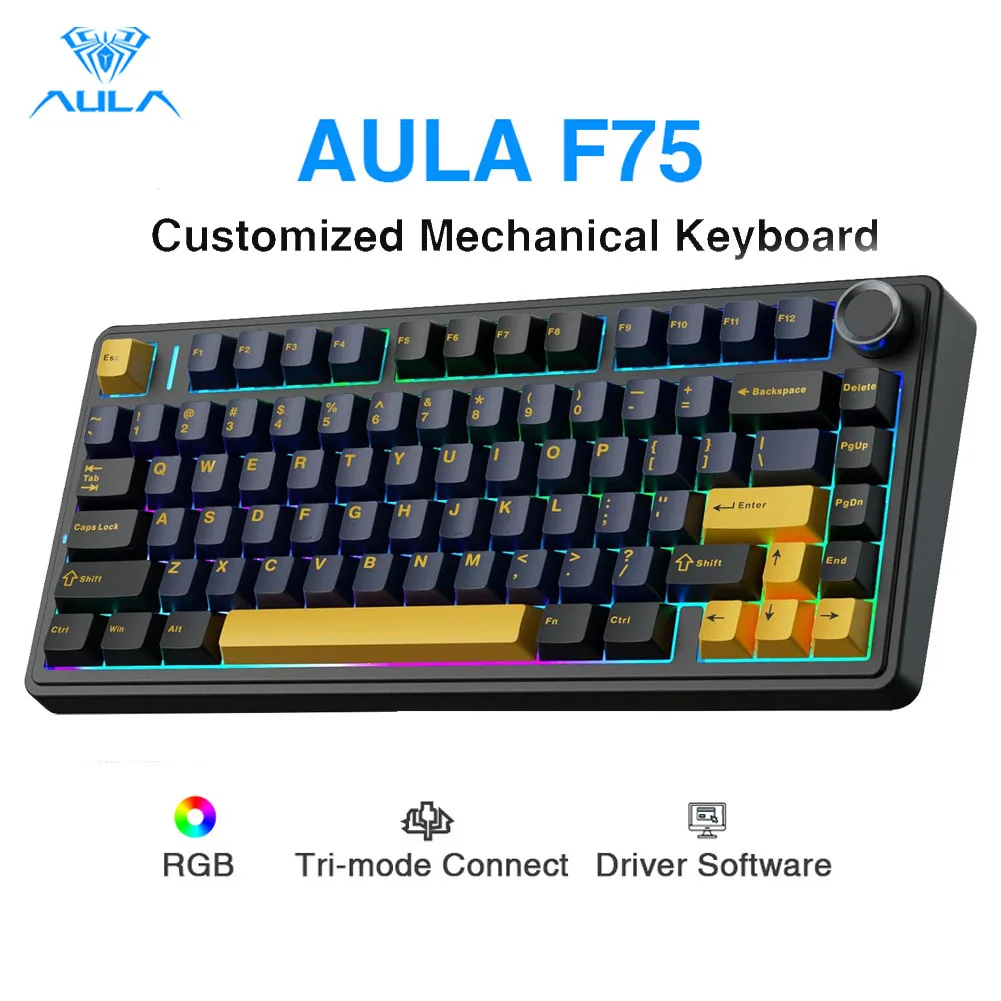 Aula F75 Mechanical Keyboard, Fully Hot-Swappable Keys, Five-Layer Padding and Knobs, BT/2.4GHz/USB, RGB Backlit Gaming Keyboard