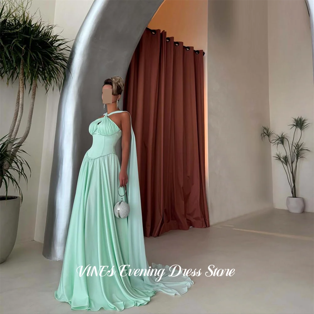 

VINES Mint Green Halter Evening Dress A Line Chiffon Party Dresses Zipper Back Prom Gown Sweep Train robes du soir Customized