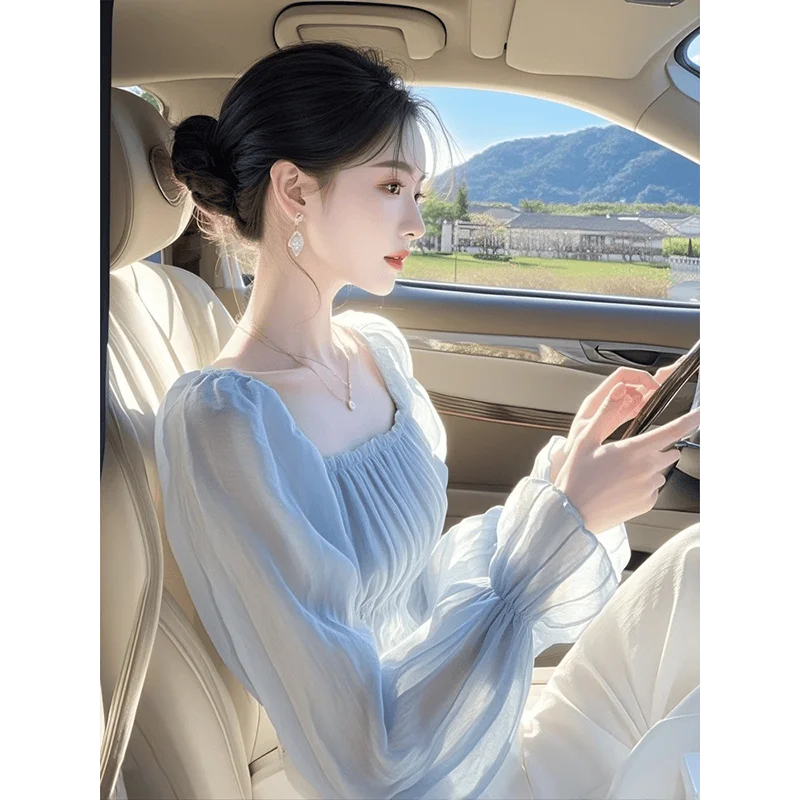 เสื้อชีฟองคอเหลี่ยมสีฟ้าอ่อนสำหรับผู้หญิง ดีไซน์สวยไม่ซ้ำใคร สไตล์เกาหลี ทรงหลวม แขนยาว เหมาะสำหรับฤดูใบไม้ผลิ