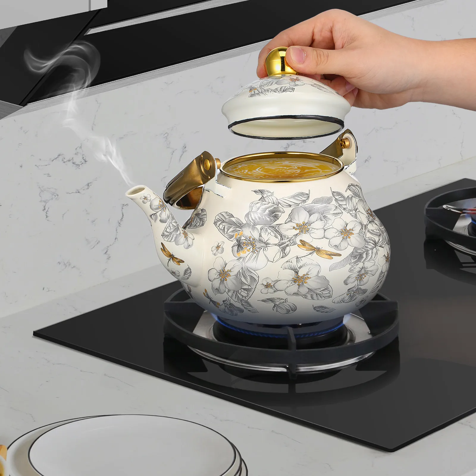 

Ретро-эмалированный чайник для плиты, для горячего молока или чая, с плоским дном, легко моется, винтажный, для домашнего использования