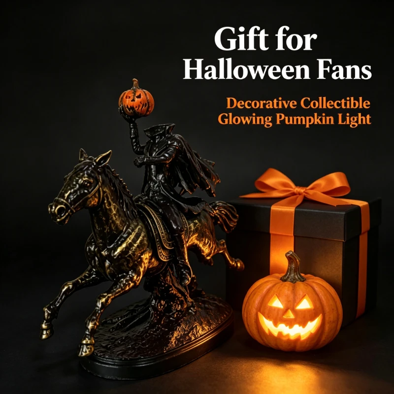 Halloween Resin Statue Light up Pumpkin Headless Horseman Table Ornament Halloween Party Display Decor
