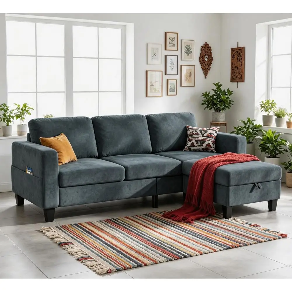 

79 Deep Seating L-Shape Sectional Sofa with Storage Ottoman, Pet-Friendly Velvet Fabric, Ideal for Small Spaces, Office, Blue