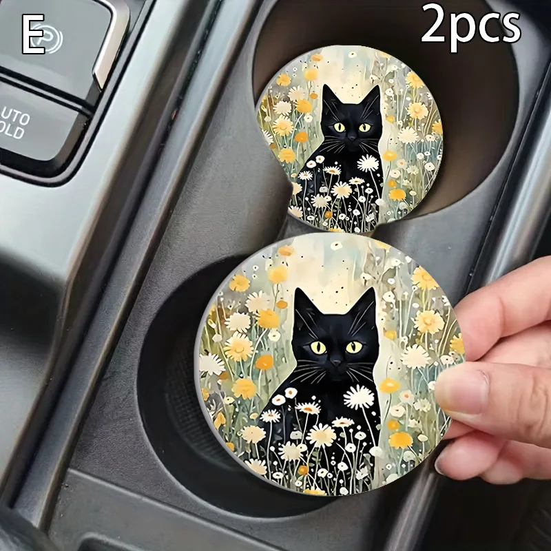 Aesthetic Wild Daisy Floral Black Cat Leather Car Cup Holder Coasters 2Pcs, Cute Black Cat In Flower Field Art Print Waterproof