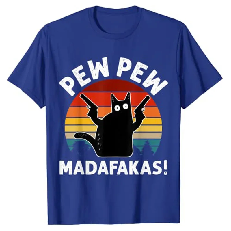 Vintage Retro Black Cat Pew Pew Madafakas! Graphic T-Shirt Aesthetic Clothes Cute Kitty Cat Dad Short Sleeve Graphic Outfit Gift