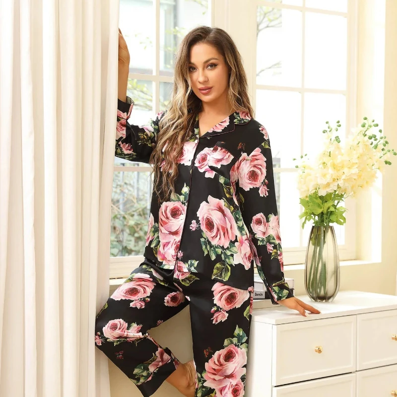 2026 100% Mulberry Silk Pajama Set Women Floral Print Long Sleeve Long Pants Two Piece Loungewear Luxury Soft Satin Sleepwear PJ