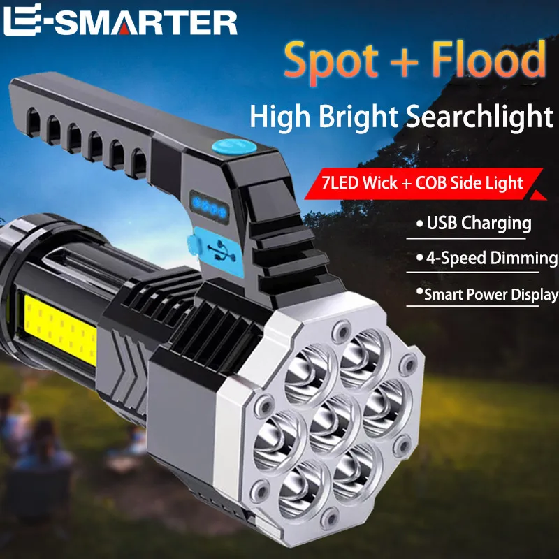 

High Power Rechargeable LED Flashlights 7LED Camping Torch With COB Side Light Lightweight Outdoor Lighting ABS Material
