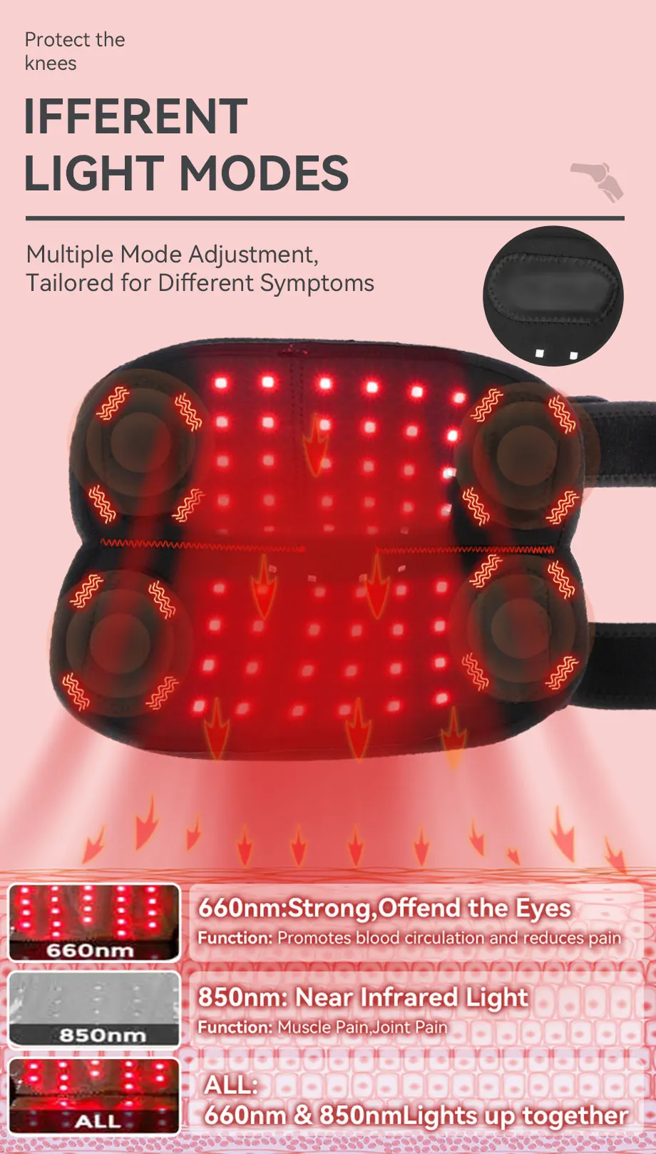 Kabelloses Laden, Rotlichttherapie, Heizmassage, Infrarot-Knieschoner mit LED-Schmerzlinderung