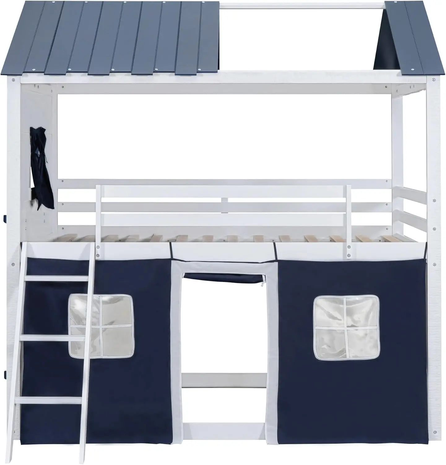 Curry & Bright Design Full Loft Beliche com Tenda, Cama Infantil com Escadas, Guardrail, Janelas e Telhado, Madeira, Casa