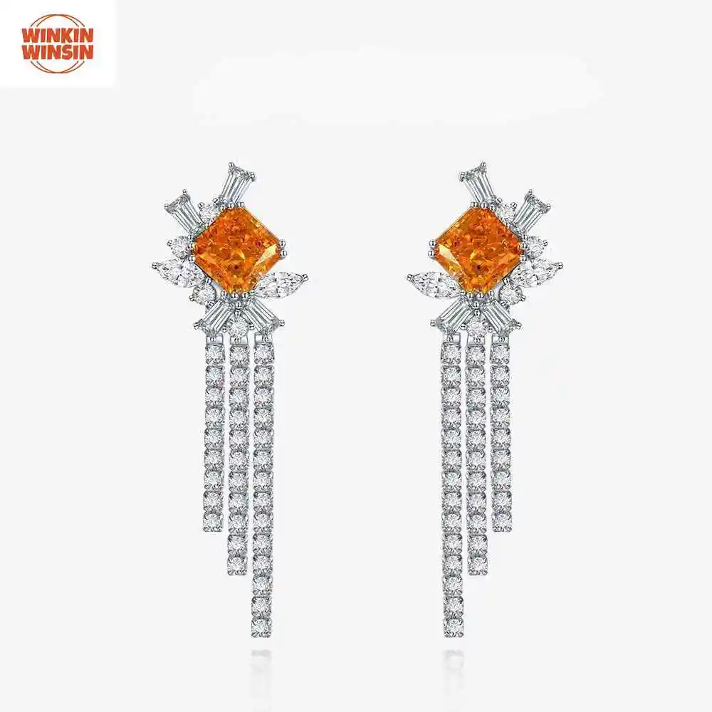 

Winkin Winsin Long Tassel Earrings 925 Silver 5 Carat Rose Orange Ice Flower Cut High Carbon Diamond, for Women