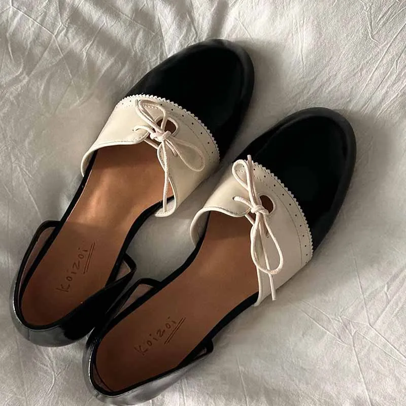Leather British Style Bullock Lace-up Hollow Small Leather Shoes Women's Sandals Round Toe Thick-heeled Low-heeled Single Shoes