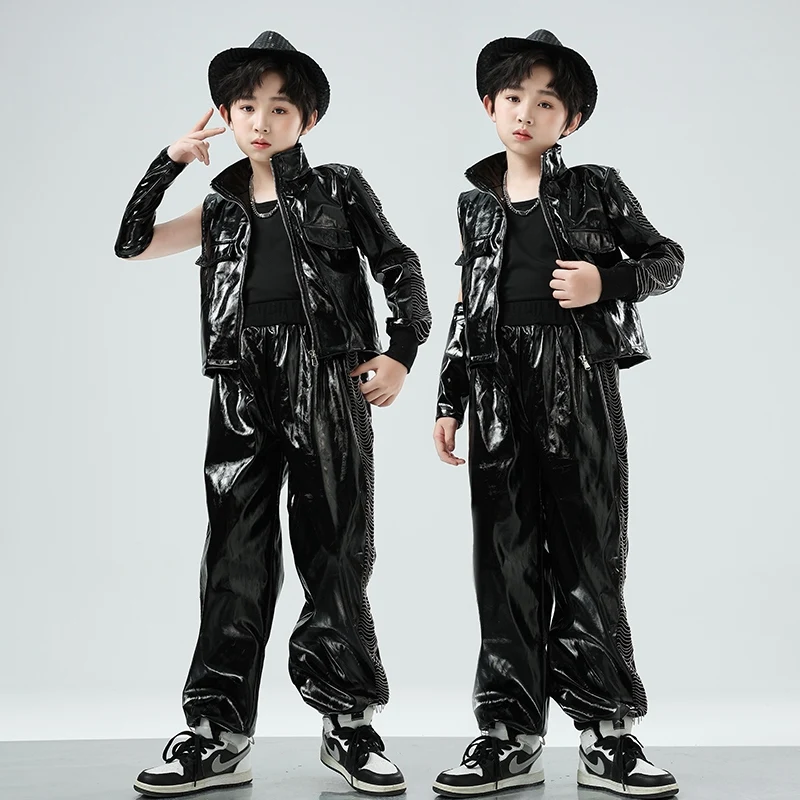 Boys Jazz Dance Costume One Sleeved Jacket Black Leather Set Kids Hip Hop Performance Clothes Catwalk Drum Stage Wear BL14425