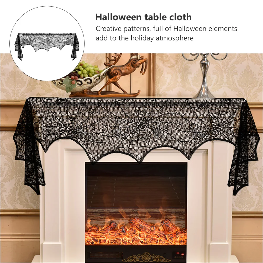 

2Pcs Halloween Tablecloth Black Pentagram Lace Fireplace Cloth Spider Web Tablecloth Creative Halloween Decor Fireplace Cloth