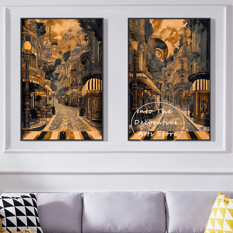Gilded European City Street Canvas Paintings Retro Fantasy Baroque Crackle Texture Elegant Wall Art Pictures Dining Area Decor